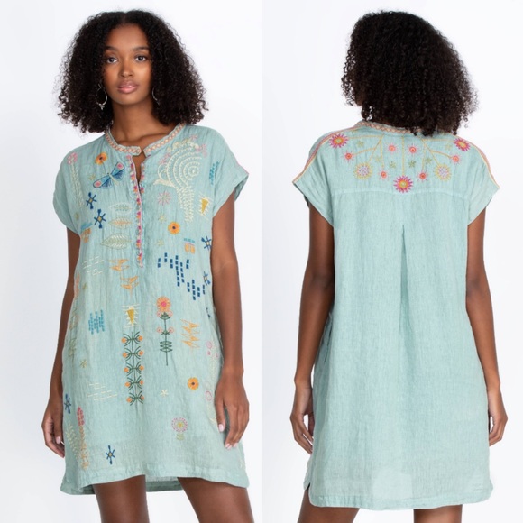 Johnny Was Tops - Johnny Was Biya Elektra Lined Blue Surf Linen Embroidered Boho Womens XS Tunic